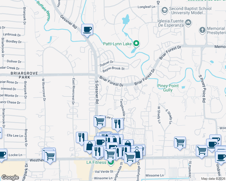 map of restaurants, bars, coffee shops, grocery stores, and more near 2100 Tanglewilde Avenue in Houston