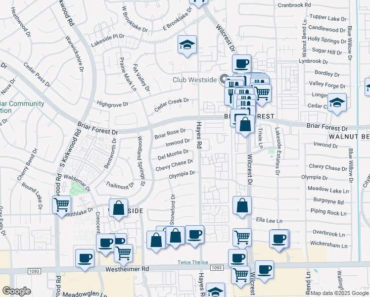 map of restaurants, bars, coffee shops, grocery stores, and more near 11318 Chevy Chase Drive in Houston
