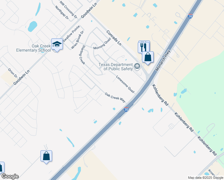 map of restaurants, bars, coffee shops, grocery stores, and more near Oak Creek Way in New Braunfels