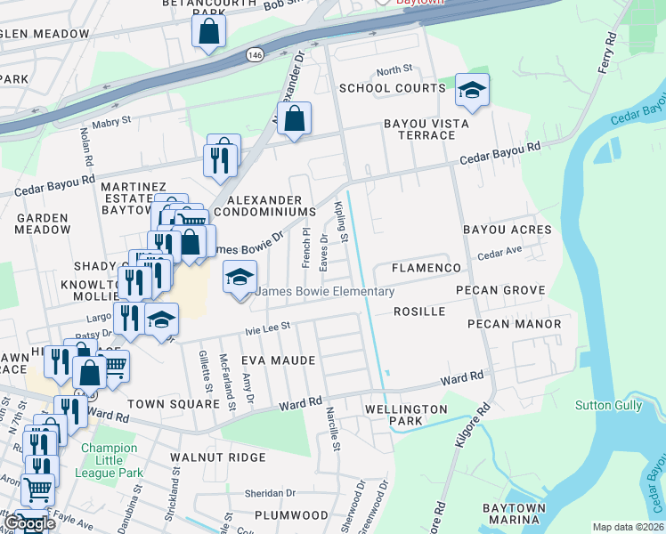 map of restaurants, bars, coffee shops, grocery stores, and more near 2207 Tuscan Lane in Baytown