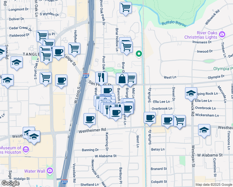 map of restaurants, bars, coffee shops, grocery stores, and more near 2184 Bancroft Lane in Houston