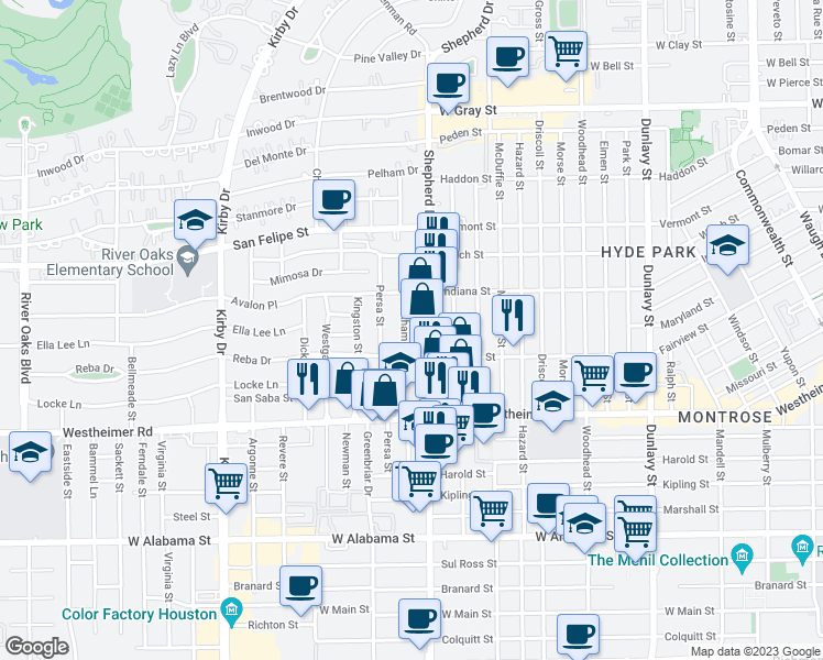 map of restaurants, bars, coffee shops, grocery stores, and more near 2322 Peckham Street in Houston