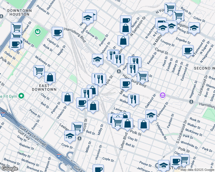 map of restaurants, bars, coffee shops, grocery stores, and more near 800 Milby Street in Houston