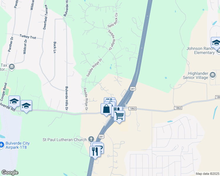 map of restaurants, bars, coffee shops, grocery stores, and more near 3055 Wild Valley Drive in Bulverde