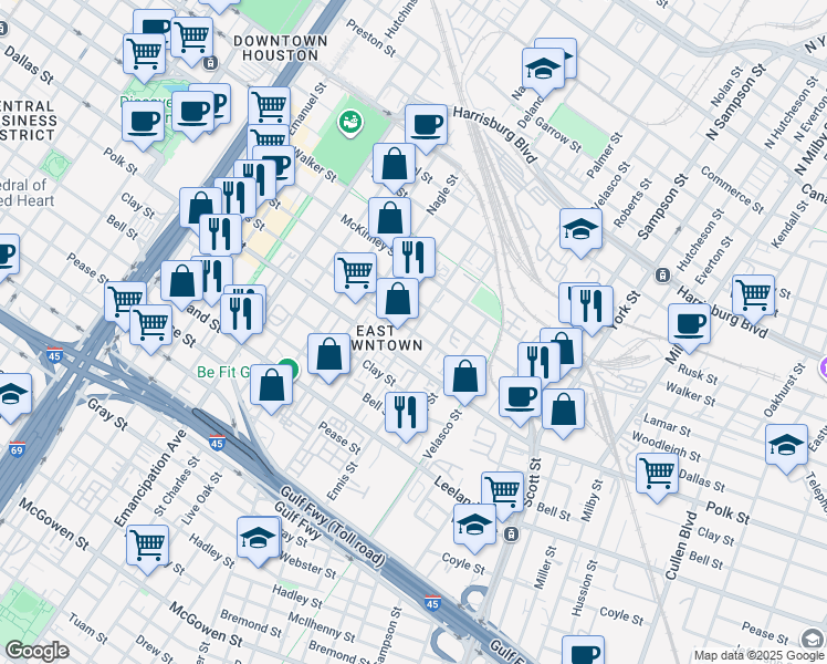 map of restaurants, bars, coffee shops, grocery stores, and more near 2900 Dallas Street in Houston