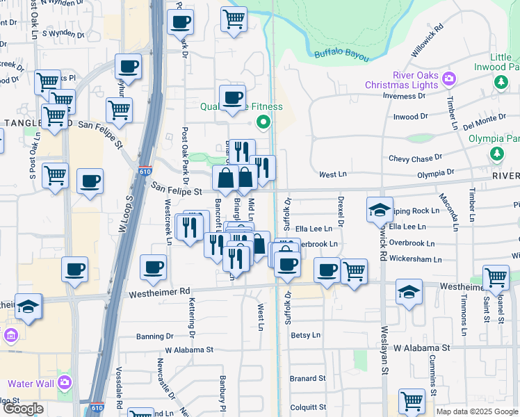 map of restaurants, bars, coffee shops, grocery stores, and more near in Houston