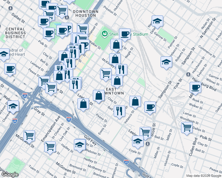 map of restaurants, bars, coffee shops, grocery stores, and more near 1210 Delano Street in Houston