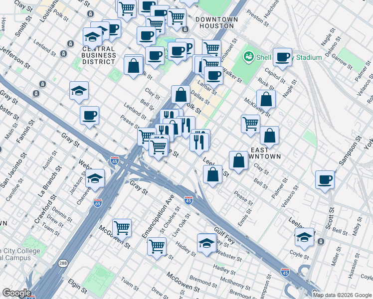 map of restaurants, bars, coffee shops, grocery stores, and more near 1600 Bastrop Street in Houston