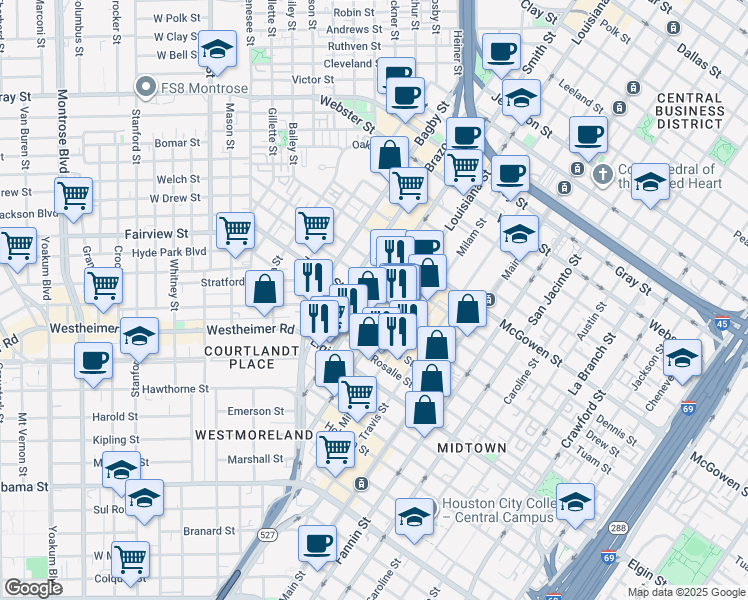 map of restaurants, bars, coffee shops, grocery stores, and more near 2900 Louisiana Street in Houston