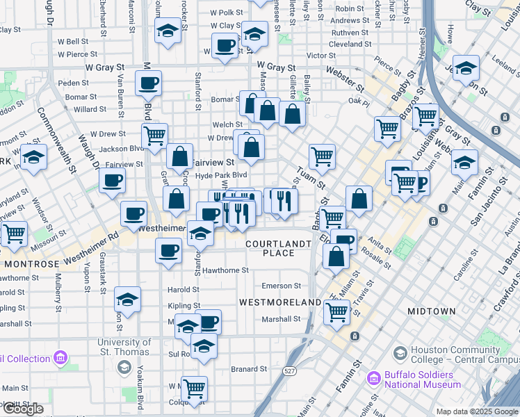 map of restaurants, bars, coffee shops, grocery stores, and more near 302 Avondale Street in Houston
