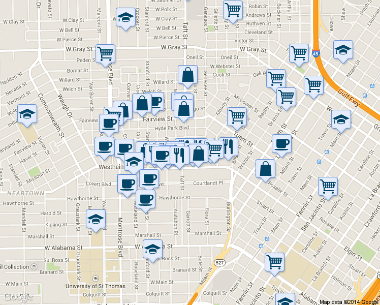 map of restaurants, bars, coffee shops, grocery stores, and more near 302 Avondale Street in Houston