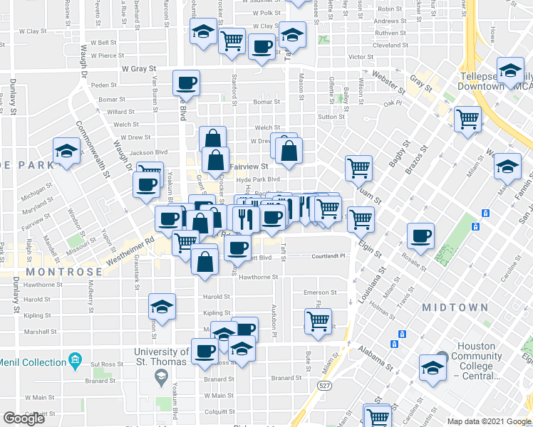 map of restaurants, bars, coffee shops, grocery stores, and more near 406 Avondale Street in Houston