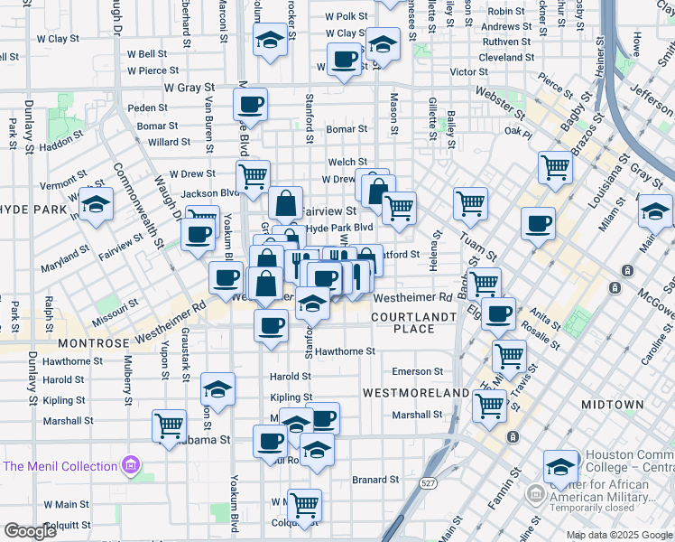 map of restaurants, bars, coffee shops, grocery stores, and more near 600 Avondale Street in Houston