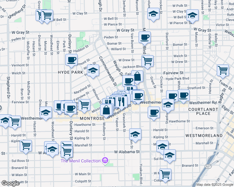 map of restaurants, bars, coffee shops, grocery stores, and more near 2622 Commonwealth Street in Houston