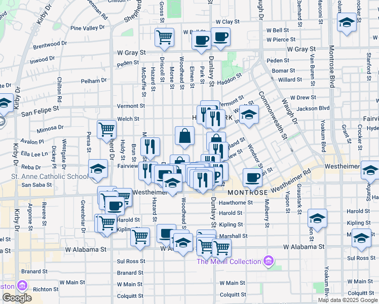 map of restaurants, bars, coffee shops, grocery stores, and more near 2315 Woodhead Street in Houston
