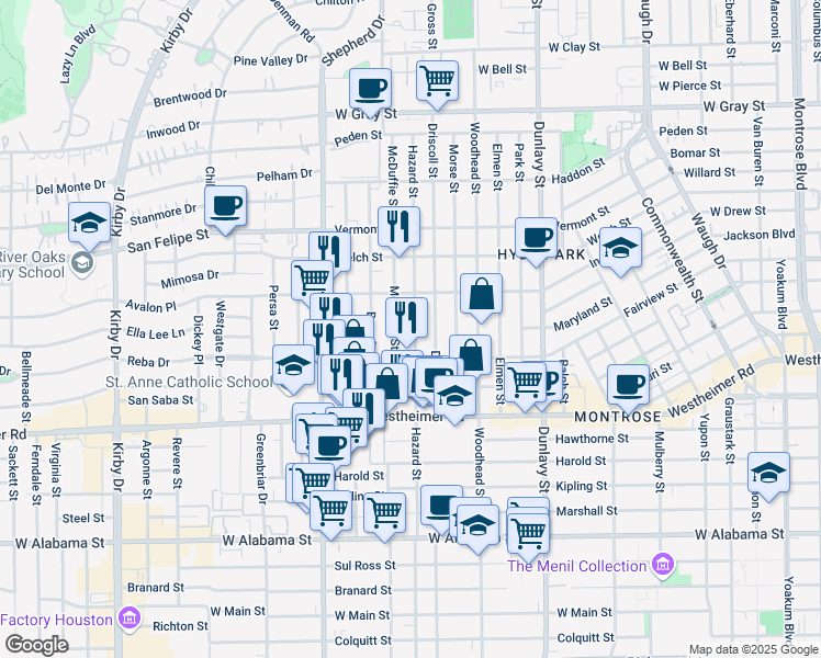 map of restaurants, bars, coffee shops, grocery stores, and more near 1976 Fairview Street in Houston