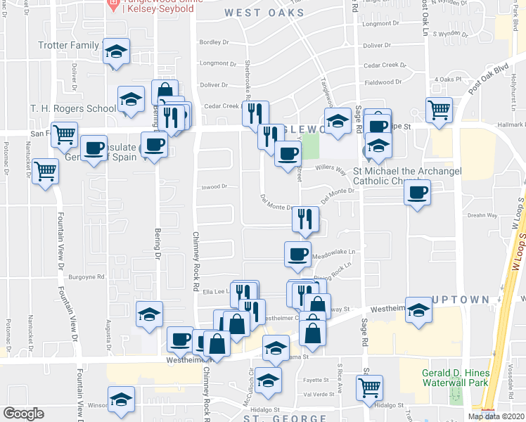 map of restaurants, bars, coffee shops, grocery stores, and more near 2000 Saint James Place in Houston