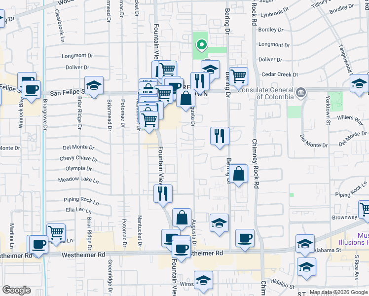map of restaurants, bars, coffee shops, grocery stores, and more near 2174 Augusta Drive in Houston