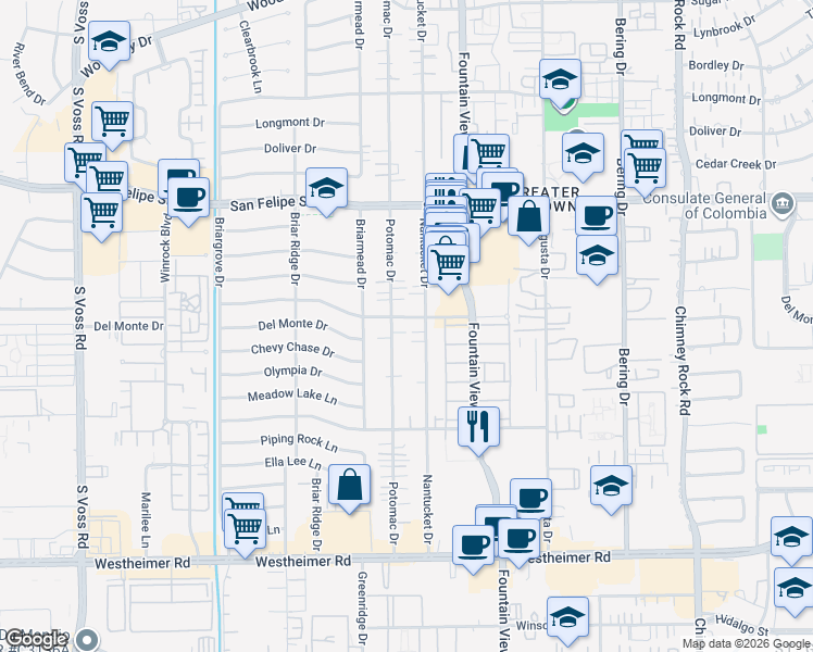 map of restaurants, bars, coffee shops, grocery stores, and more near 2121A Potomac Drive in Houston