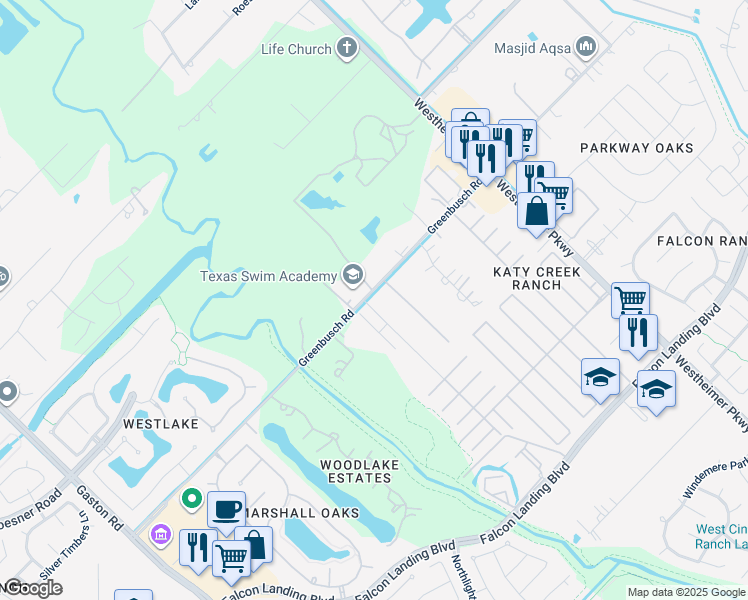 map of restaurants, bars, coffee shops, grocery stores, and more near 2927 Lake Drive in Katy