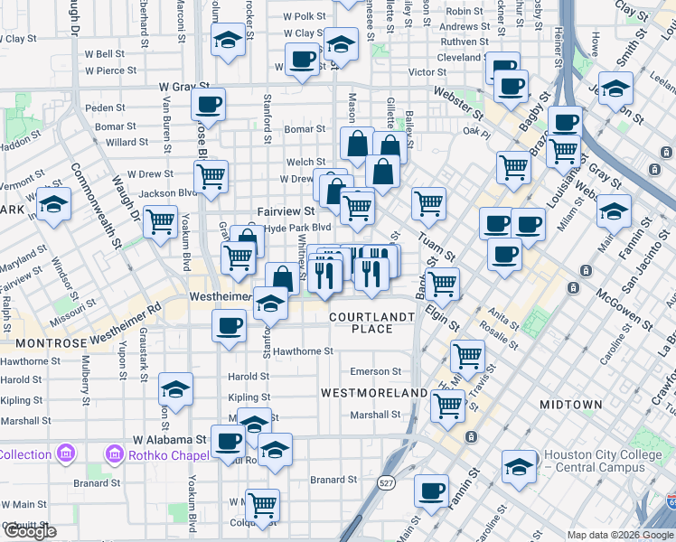 map of restaurants, bars, coffee shops, grocery stores, and more near 302 Avondale Street in Houston