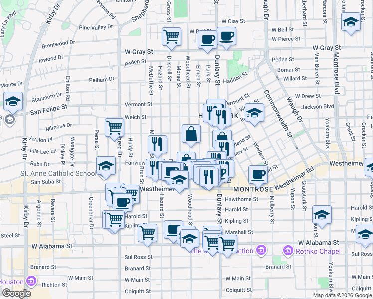 map of restaurants, bars, coffee shops, grocery stores, and more near 2315 Woodhead Street in Houston