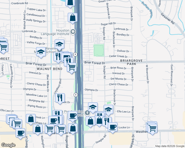 map of restaurants, bars, coffee shops, grocery stores, and more near 1687 West Sam Houston Parkway South in Houston