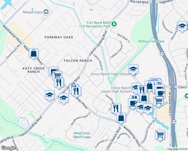 map of restaurants, bars, coffee shops, grocery stores, and more near 2750 Round Hill Court in Katy