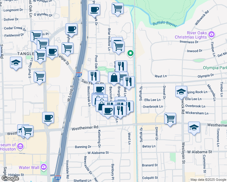 map of restaurants, bars, coffee shops, grocery stores, and more near 2182 Briarglen Drive in Houston