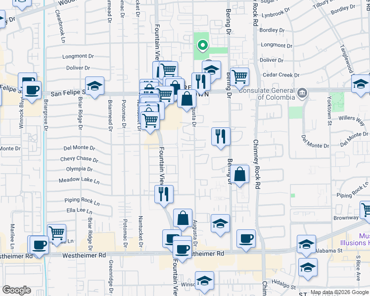 map of restaurants, bars, coffee shops, grocery stores, and more near 2174 Augusta Drive in Houston
