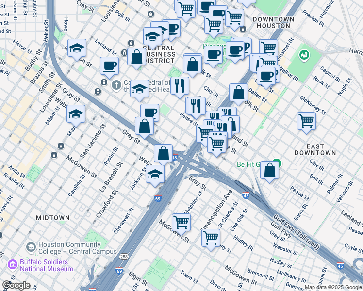 map of restaurants, bars, coffee shops, grocery stores, and more near 1800 Saint Joseph Parkway in Houston