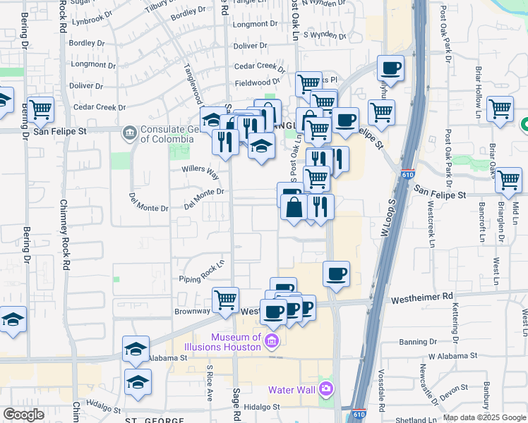 map of restaurants, bars, coffee shops, grocery stores, and more near 5107 Del Monte Drive in Houston