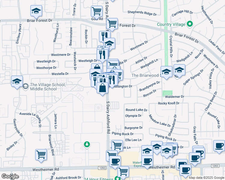 map of restaurants, bars, coffee shops, grocery stores, and more near in Houston