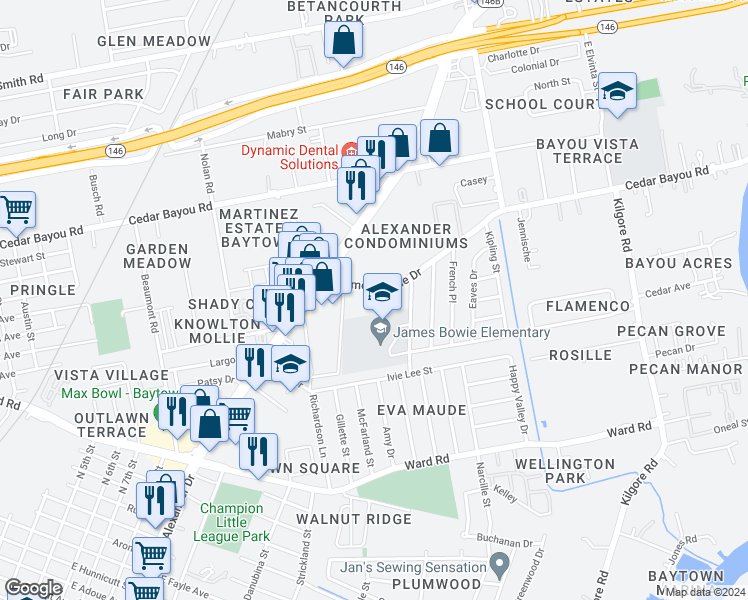 map of restaurants, bars, coffee shops, grocery stores, and more near 2610 James Bowie Drive in Baytown