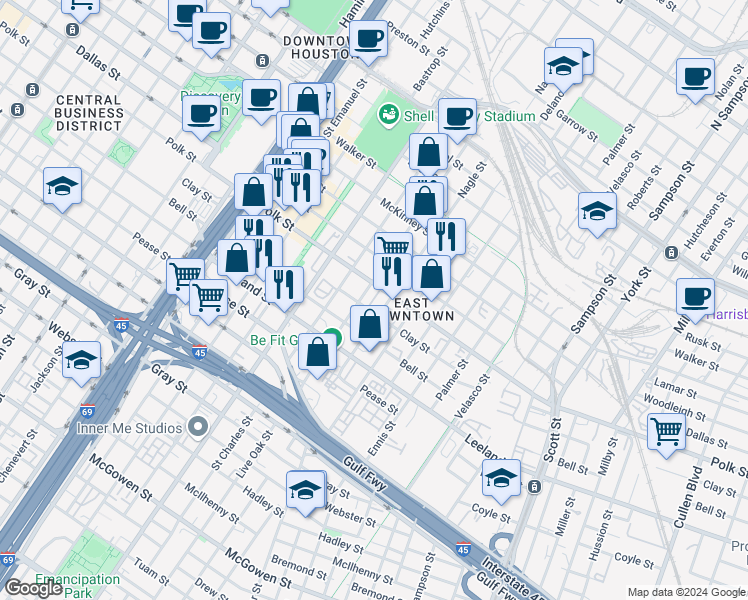 map of restaurants, bars, coffee shops, grocery stores, and more near 1312 Live Oak Street in Houston