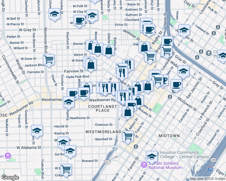 map of restaurants, bars, coffee shops, grocery stores, and more near 101 Stratford Street in Houston