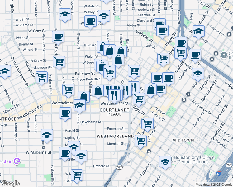 map of restaurants, bars, coffee shops, grocery stores, and more near 205 Stratford Street in Houston