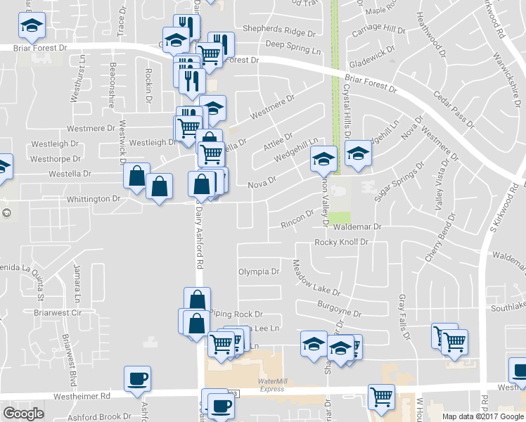 map of restaurants, bars, coffee shops, grocery stores, and more near 12438 Whittington Drive in Houston