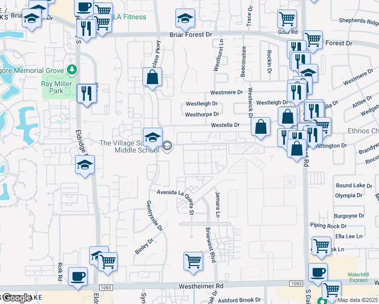 map of restaurants, bars, coffee shops, grocery stores, and more near in Houston