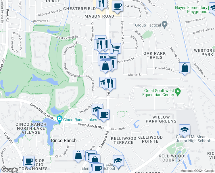 map of restaurants, bars, coffee shops, grocery stores, and more near 2496 South Mason Road in Katy