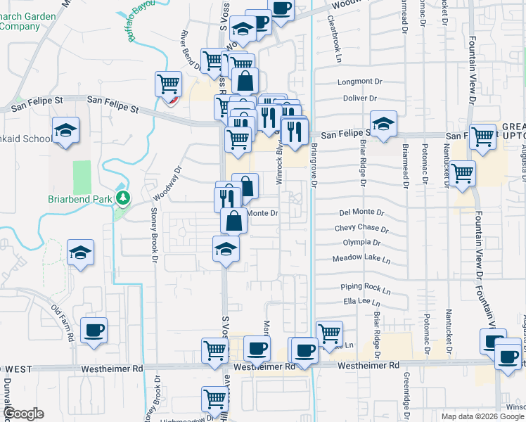 map of restaurants, bars, coffee shops, grocery stores, and more near 6402 Del Monte Drive in Houston