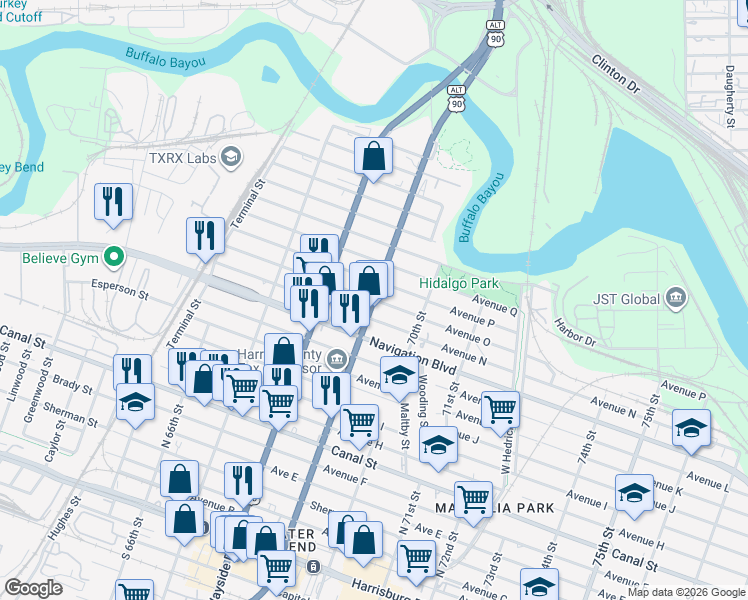 map of restaurants, bars, coffee shops, grocery stores, and more near 69th Street in Houston