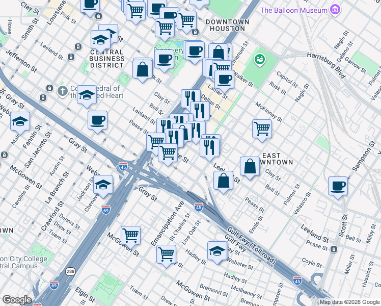 map of restaurants, bars, coffee shops, grocery stores, and more near in Houston