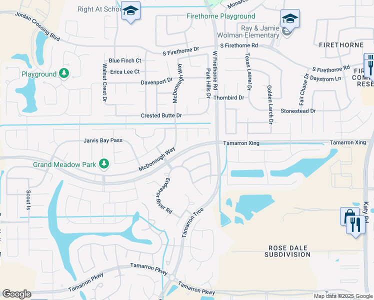 map of restaurants, bars, coffee shops, grocery stores, and more near Tamarron Crossing in Katy