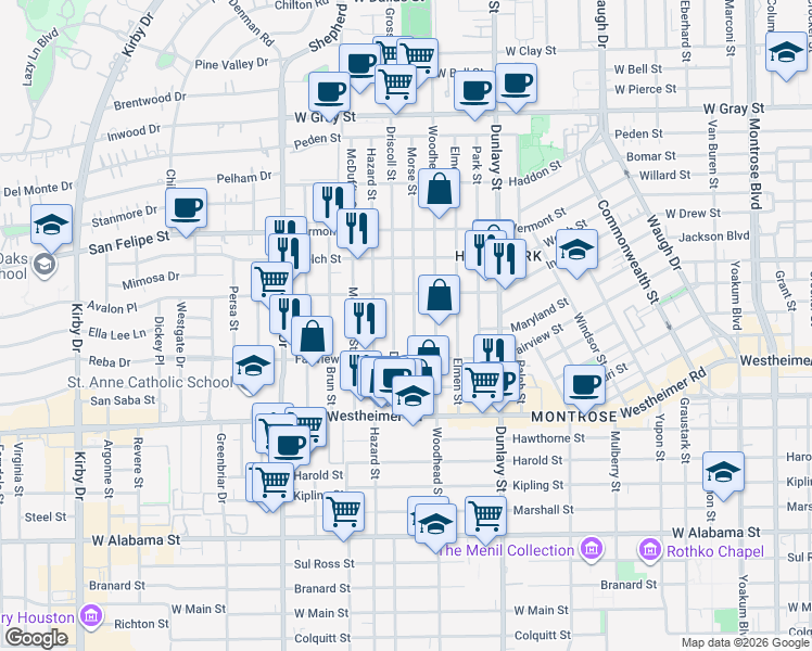 map of restaurants, bars, coffee shops, grocery stores, and more near 2208 Morse Street in Houston