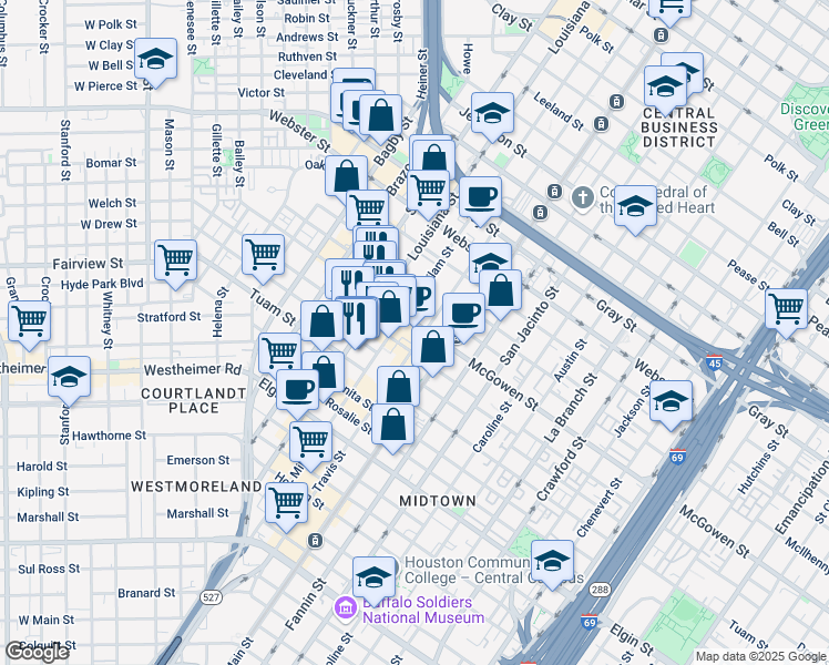 map of restaurants, bars, coffee shops, grocery stores, and more near 2500 Milam Street in Houston