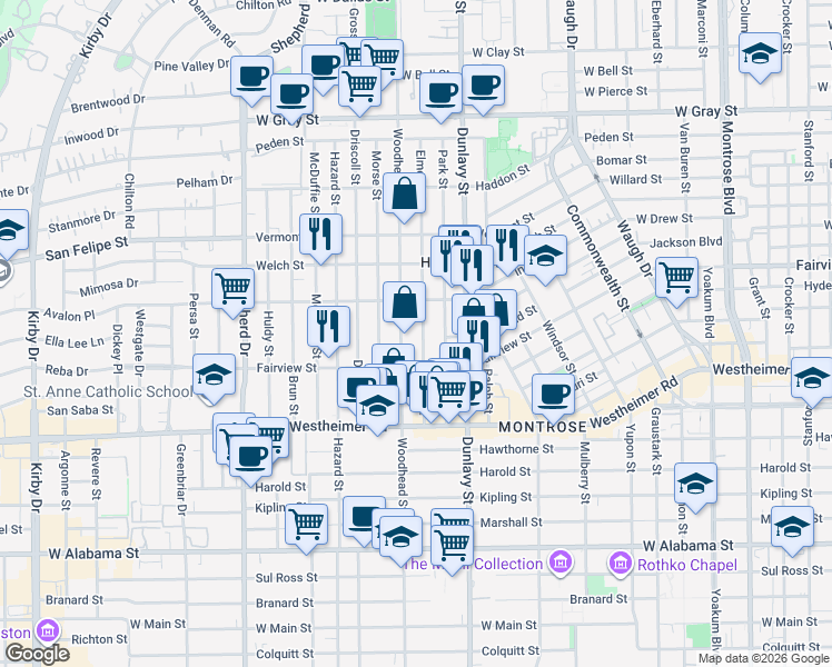 map of restaurants, bars, coffee shops, grocery stores, and more near 2109 Woodhead Street in Houston