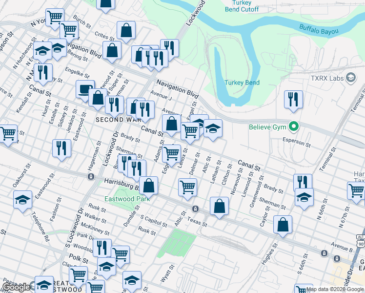 map of restaurants, bars, coffee shops, grocery stores, and more near 5120 Canal Street in Houston