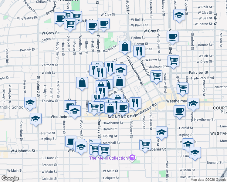 map of restaurants, bars, coffee shops, grocery stores, and more near 1716 Maryland Street in Houston
