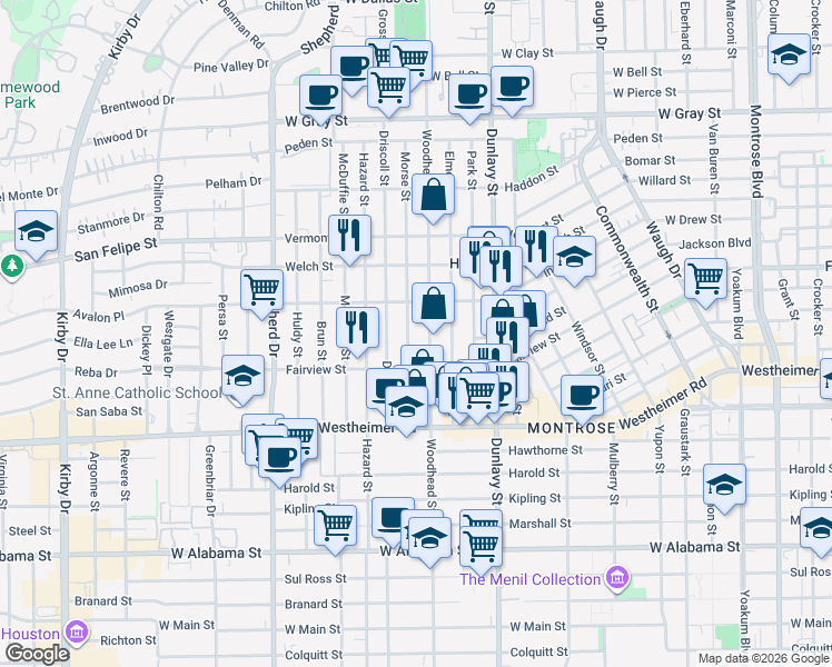 map of restaurants, bars, coffee shops, grocery stores, and more near 2109 Woodhead Street in Houston